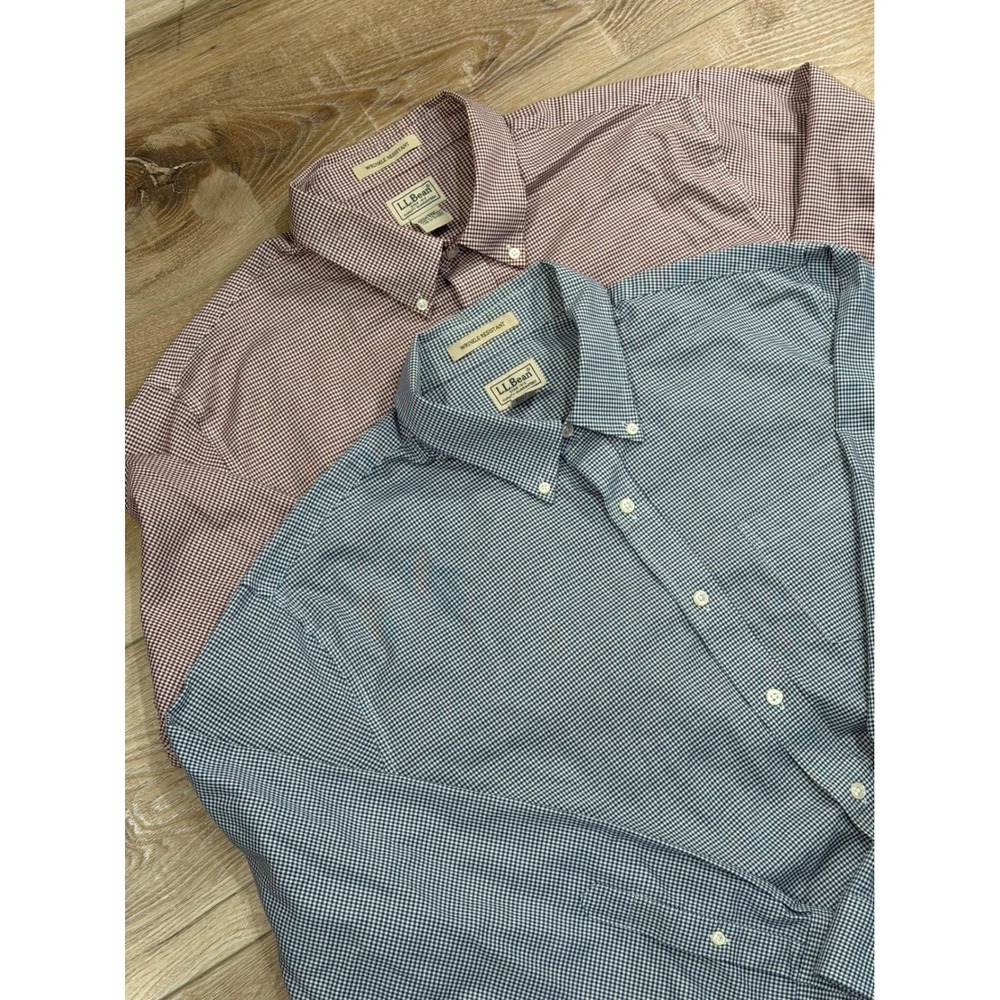 Lot of 2 LL Bean Mens XL Regular Wrinkle Resistant Cotton GinghamShirts Blue Red